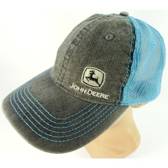John Deere Mesh Baseball Cap Hat Gray Denim Blue Mesh One Size Youth - Picture 2 of 7